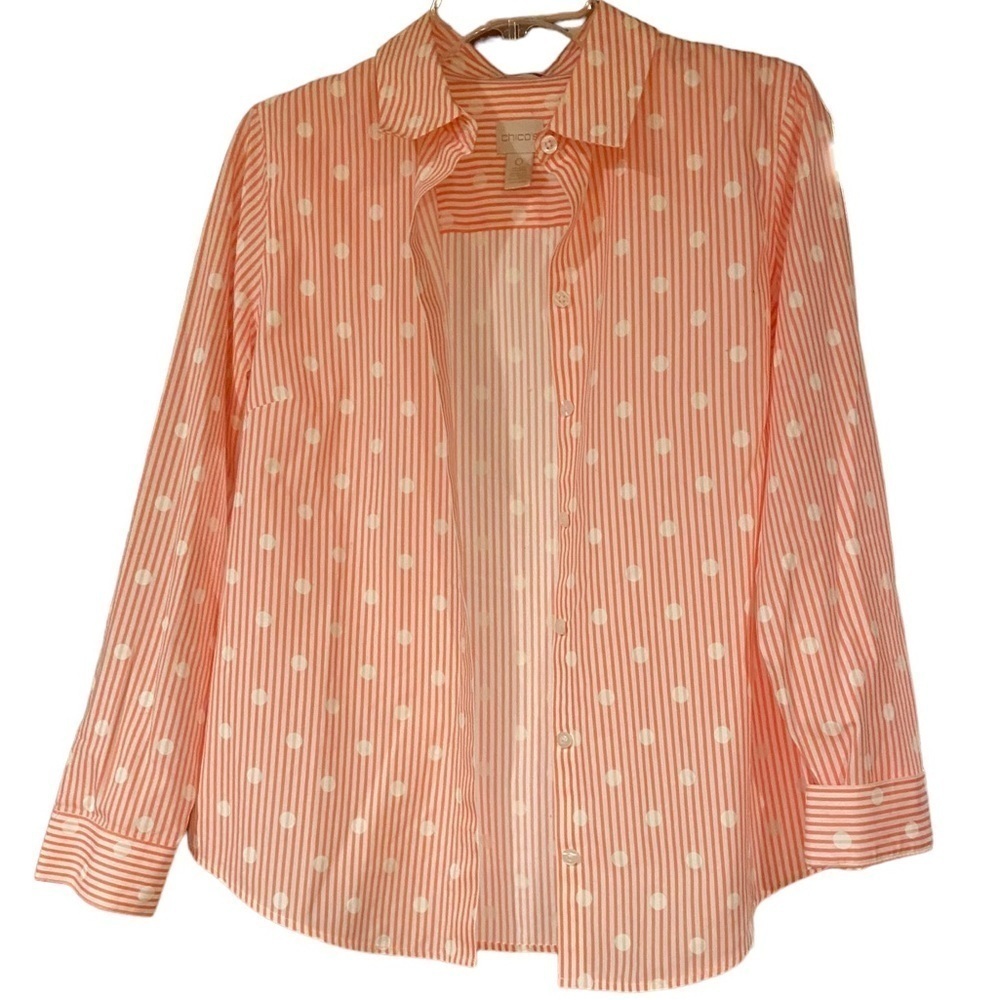 Chico’s Pink Stripe and White Polka Dot Blouse - Picture 2 of 7
